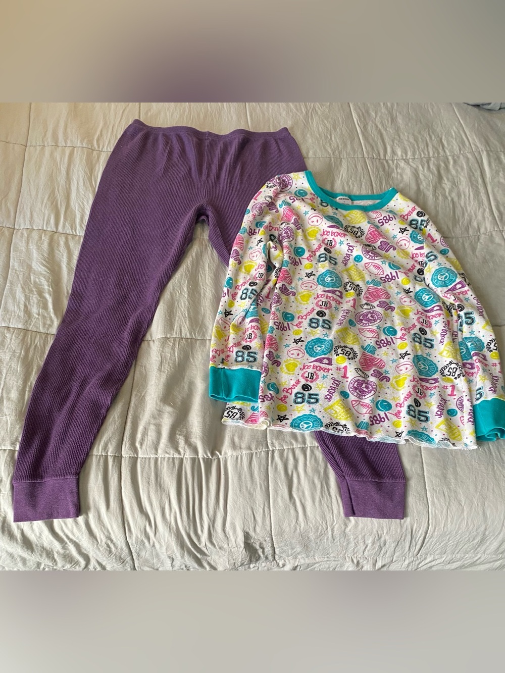Fruit of the Loom Purple Thermal Pajama Set with Teal-Trim Printed Top